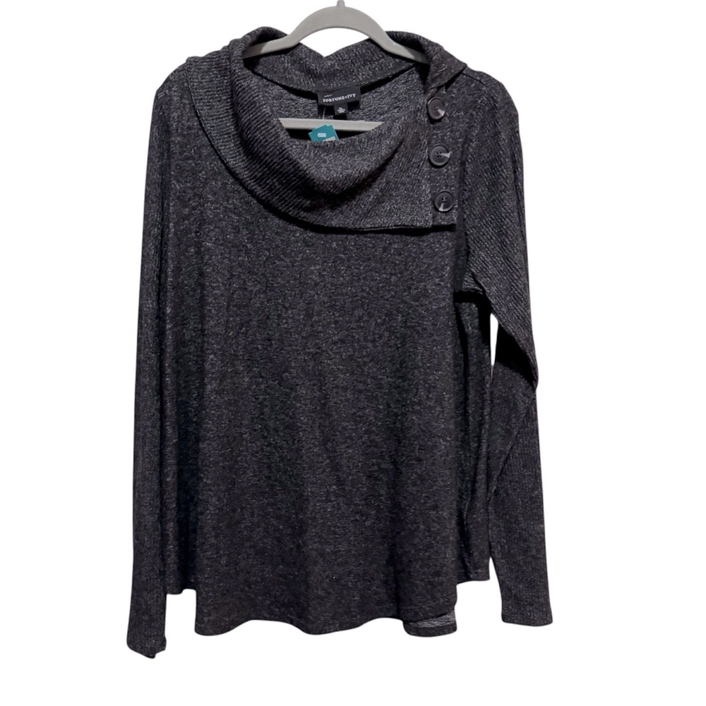 Fortune+Ivy - Charcoal Knit Sweater with Cowl Neck and Button Accent NWT SIZE XL